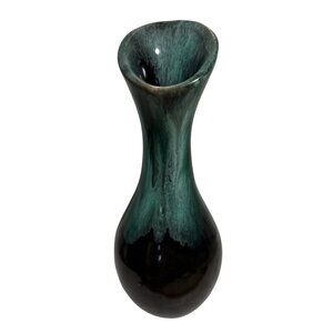 Canadian Pottery Bud Vase Slant Cut Bulb 6.5" Light Teal Black Drip Glaze MCM